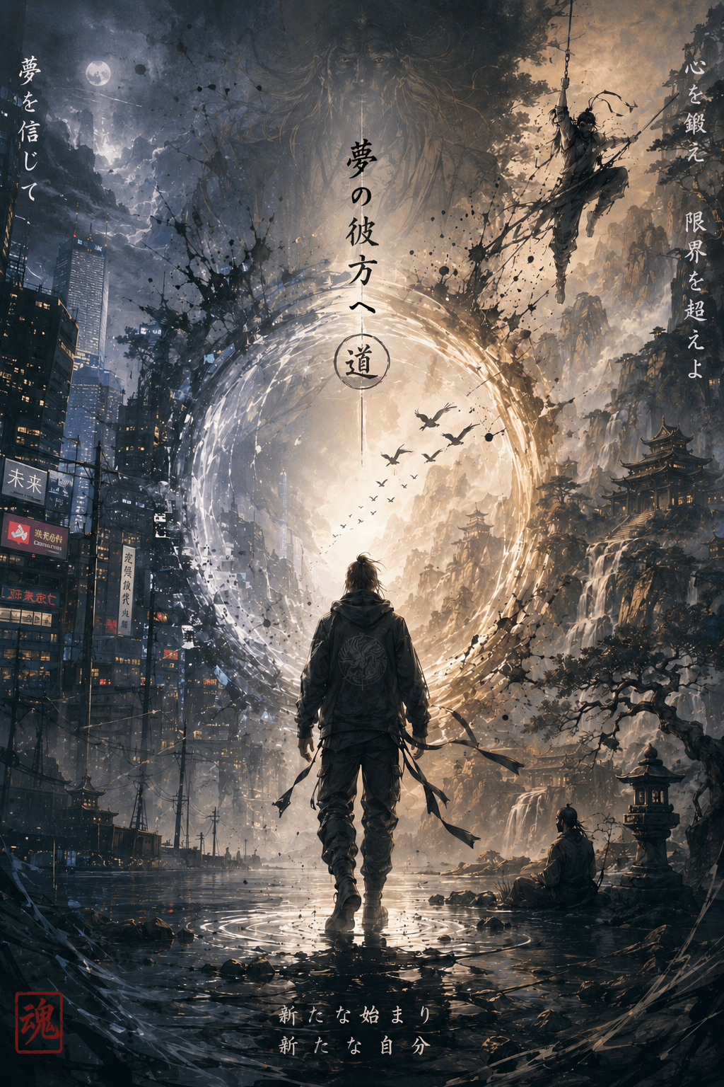 A solitary fighter facing a luminous circular gateway in the Master of Combat artwork.